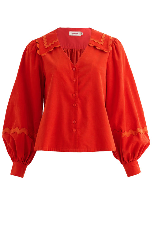 Pallas Babycord Big Collar Ric Rac Trimmed Blouse - Red
