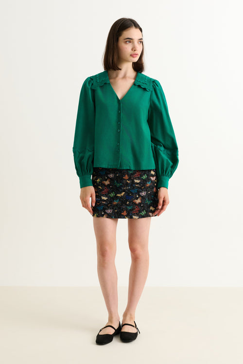 Pallas Babycord Big Collar Ric Rac Trimmed Blouse - Teal