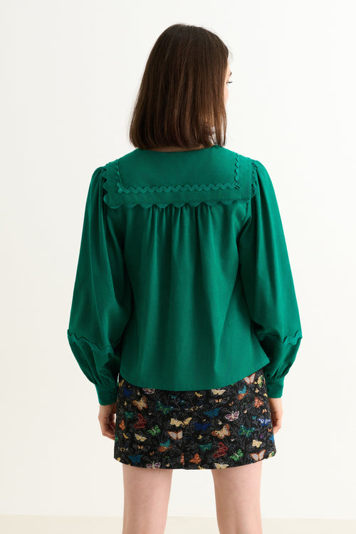 Pallas Babycord Big Collar Ric Rac Trimmed Blouse - Teal