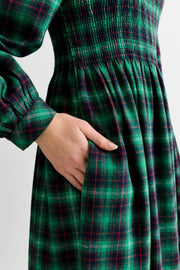 Peppi Winter Check Smocked Bodice Midi Dress - Green