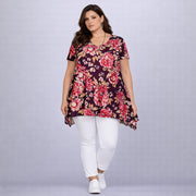 Wine Floral Crepe Hanky Hem Swing Top