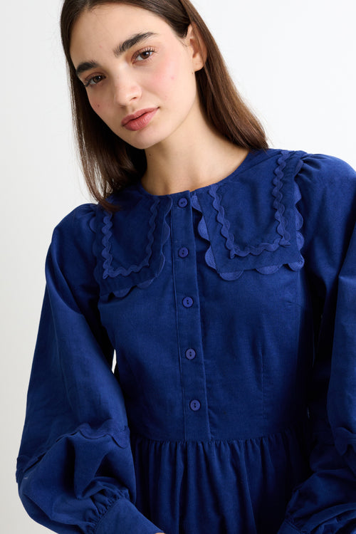 Prudence Babycord Big Collar Ric Rac Trim Midi Dress - Navy