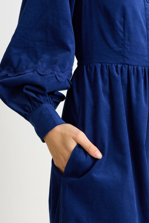 Prudence Babycord Big Collar Ric Rac Trim Midi Dress - Navy