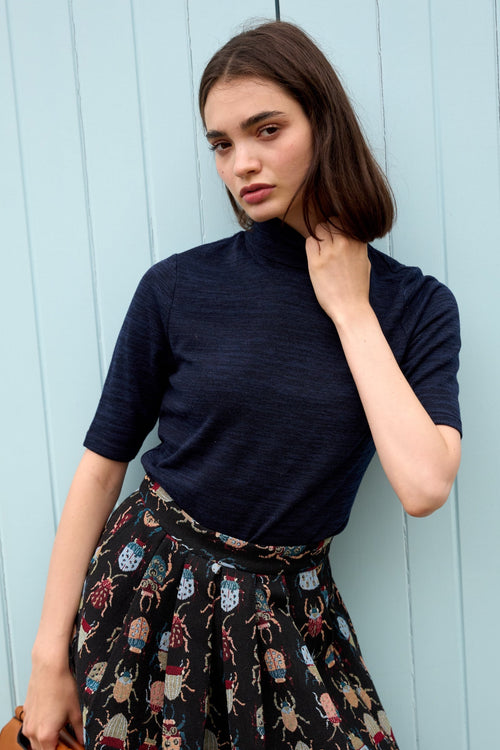 Vista Sustainable Marl Short Sleeve Polo Neck Top - Navy