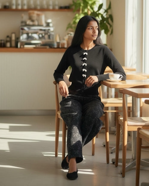 Sutton Black Bow Jacquard Barrel Trousers