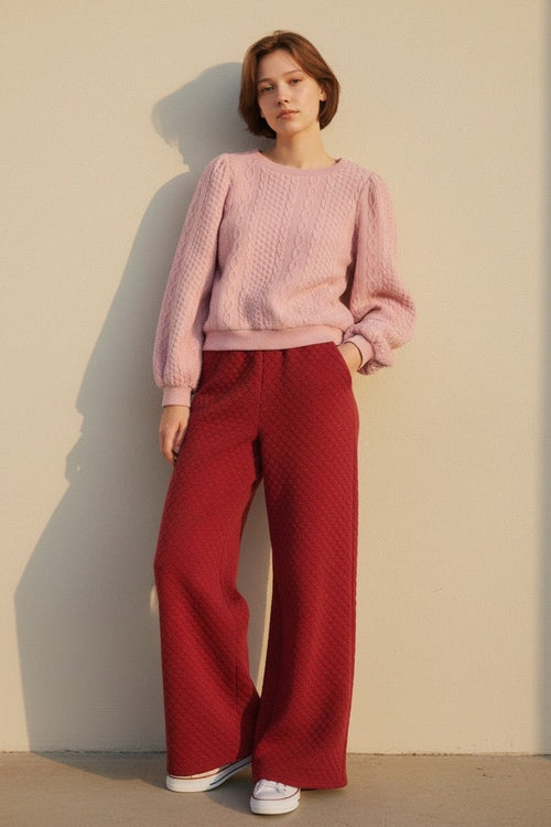 Flory Scallop Quilt Wide Leg Trouser - Wine Red