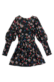 Louche Daphne Carpathian Florals Print Shirred Cuff Tie Waist Mini Dress