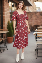 Louche Nadine Roaring Daisy Print Square Neck Balloon Sleeve Midi Dress Red