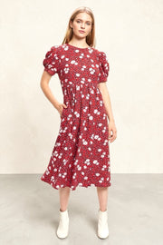 Louche Stasia Roaring Daisy Print V Back Puff Sleeve Midi Dress Red