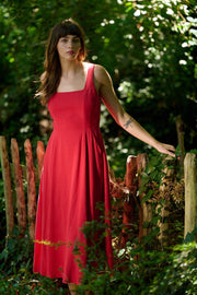 Baya Linen Mix Square Neck Midi Dress - Red
