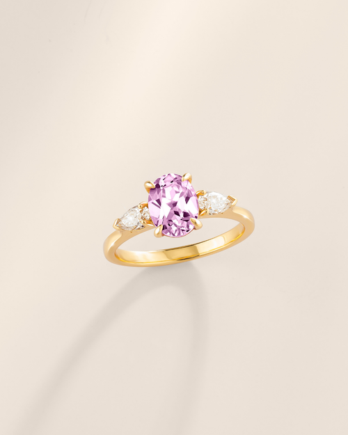 Pink Sapphire Oval Cut Three Stone Engagement Ring in 18k Gold Vermeil