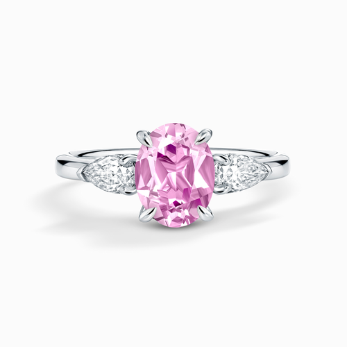 Pink Sapphire Oval Cut Three Stone Engagement Ring in Sterling Silver