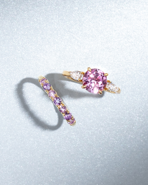 Pink Sapphire Round Cut Three Stone Engagement Ring in 18k Gold Vermeil