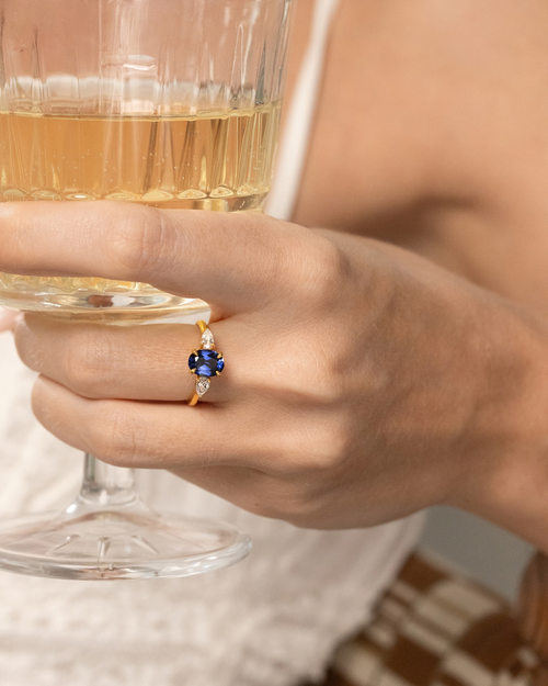 Blue Sapphire Oval Three Stone Engagement Ring in 18k Gold Vermeil