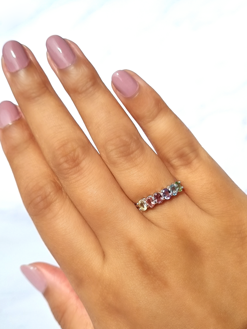 Rainbow Multicoloured Gemstone Half Eternity Ring in Sterling Silver