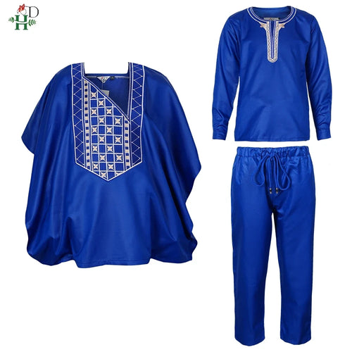 Boys White Blue Long Sleeve Tops Embroidery Dashiki Robe Shirt And Pant Set 3 PCS