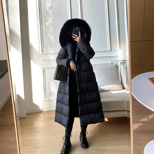 Winter Women's Ultra Light Warm Faux Fur Parka with Hooded Long Duck down Jacket White with Fur Collar Casual Snow Coat