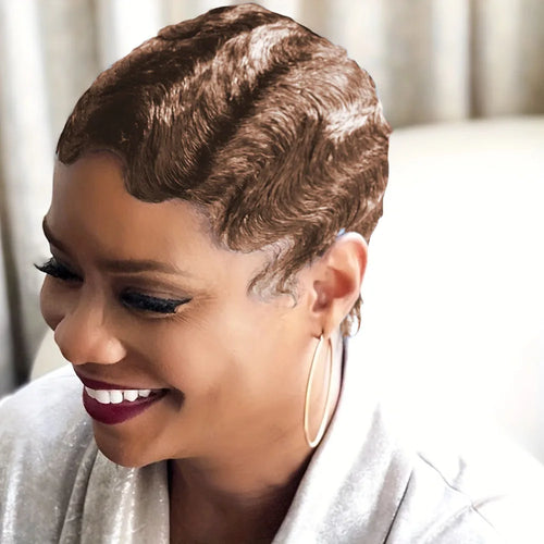 150% Density Brazilian Finger Wave Curly Pixie Human Hair Wig