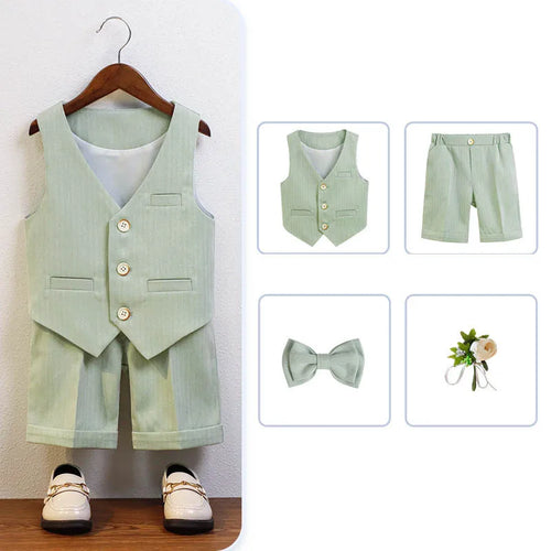 Children Green White Baptism Photography Suit Kids Vest Shirt Shorts Bowtie