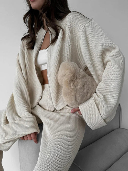 Women's Zip up Jacket And Wide Leg Pants Set Soft Knit Loose Long Sleeve Autumn Winter Casual Sweater Outfit