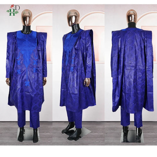 Men's African Traditional 3PCS Outfit  Blue Bazin Riche Agbada Embroidered Robe
