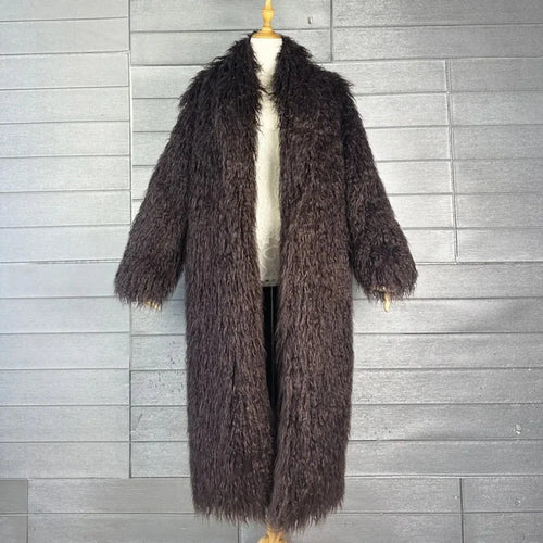Faux Fur Jacket Women Long Coat Thick Fluffy Winter Warm Shaggy Overcoat Open Stitch Outerwear Turn Down Collar High Street