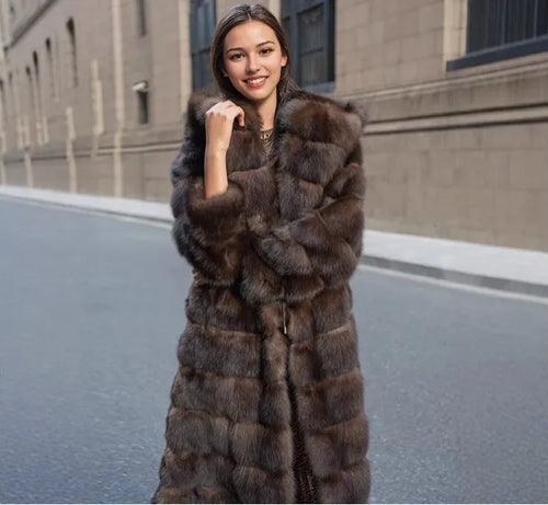 Vintage Brown Women's Winter Faux Fur Jacket Hooded Warm Thickened Fur Trim Outwear Chic Lady Eco-Friendly Coat