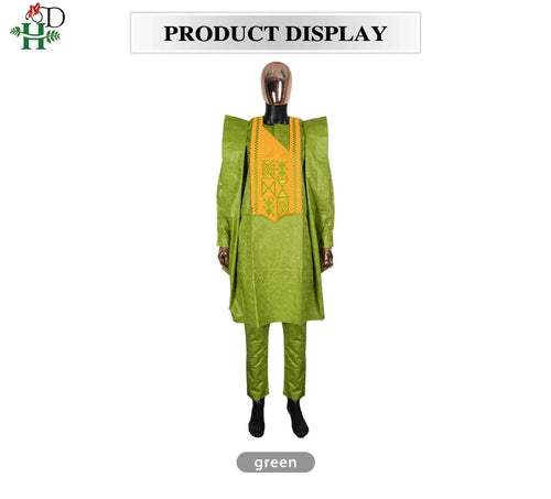 H&D African Clothing For Man Traditional Agbada Sets 3PCS Green Bazin Riche Shirt Pant Embroidery Wedding Party Suits Plus Size