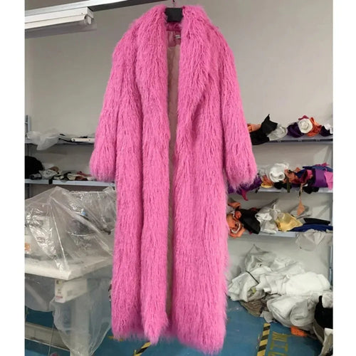 Faux Fur Jacket Women Long Coat Thick Fluffy Winter Warm Shaggy Overcoat Open Stitch Outerwear Turn Down Collar High Street