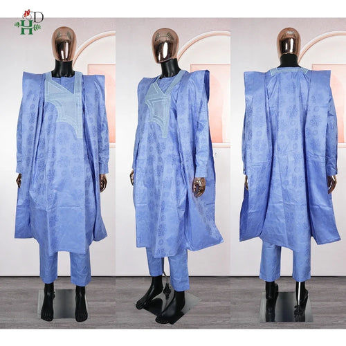 African Embroidery Blue Gown  Men Elegant Thobe 3 PC Top and Pants Suits Set