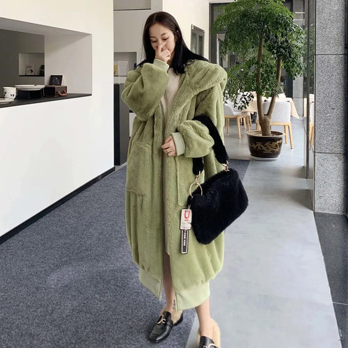 Winter Faux Fur Fashionable Hooded Cotton Long Plush Fleece Temperament Loose Jacket for Women