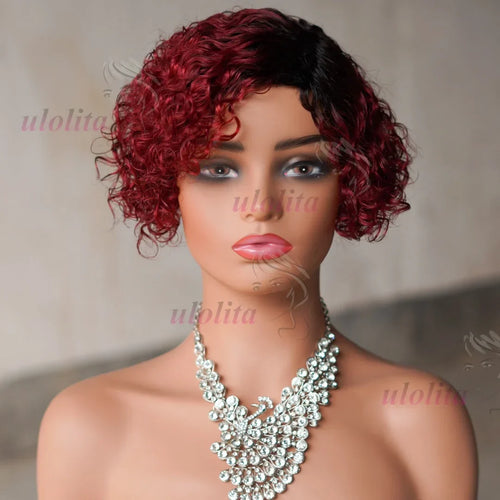 Ombre Blonde T1B27Pixie Cut Short Curly Bob Side Part Non Lace Front 100%