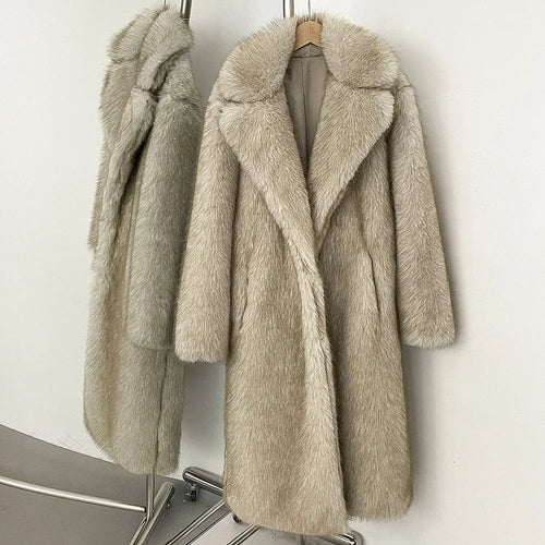 Women's Long Faux Fur Jacket European Style Lapel Casual Coat Eco-Friendly Covered Button Loose Fit Winter Warm