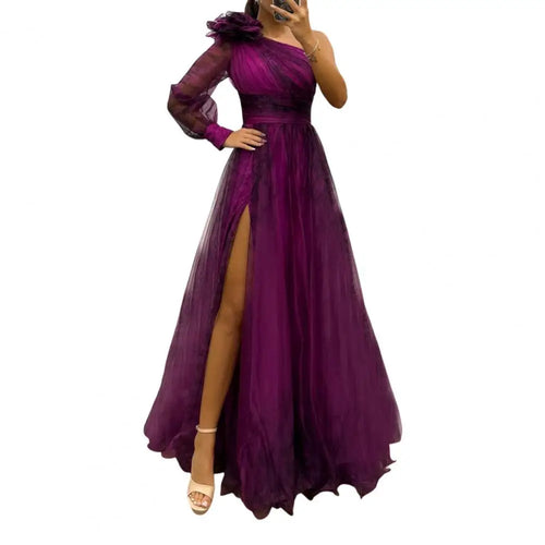 2024 Womens Evening Dress One Shoulder Pleated Pleated Mesh Single Long Sleeve