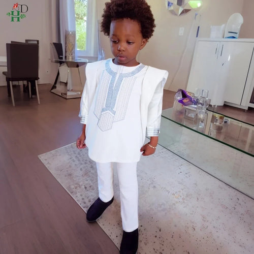 Boys White Blue Long Sleeve Tops Embroidery Dashiki Robe Shirt And Pant Set 3 PCS