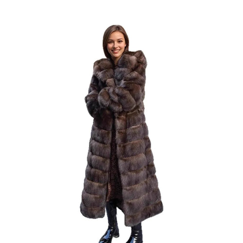 Vintage Brown Women's Winter Faux Fur Jacket Hooded Warm Thickened Fur Trim Outwear Chic Lady Eco-Friendly Coat