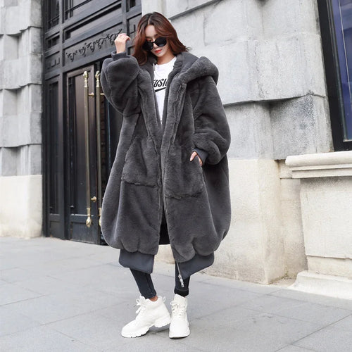 Winter Faux Fur Fashionable Hooded Cotton Long Plush Fleece Temperament Loose Jacket for Women