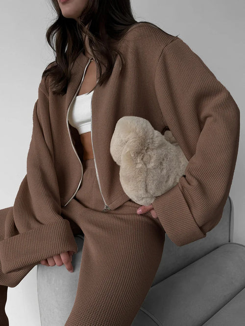 Women's Zip up Jacket And Wide Leg Pants Set Soft Knit Loose Long Sleeve Autumn Winter Casual Sweater Outfit