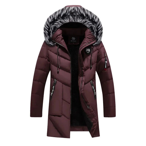 Men's Winter Thick Cotton Parka Casual Long Coat with Removable Hat Slim Fit Warm And Comfortable