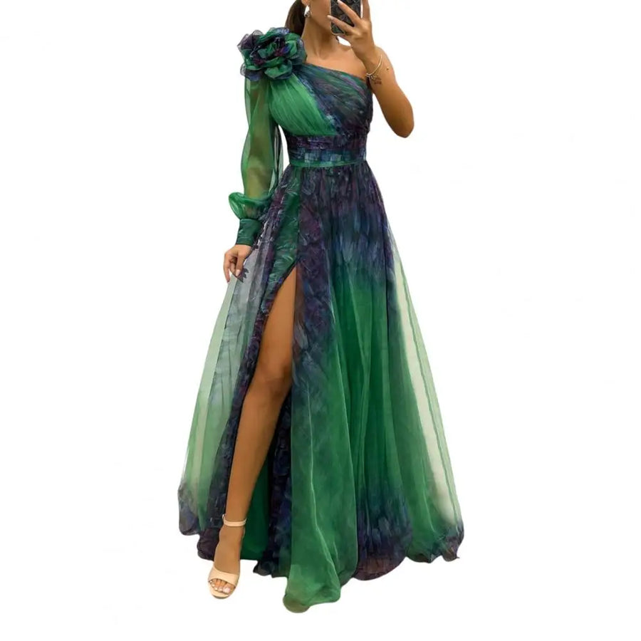 2024 Womens Evening Dress One Shoulder Pleated Pleated Mesh Single Long Sleeve