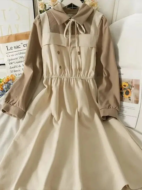 Vintage Patchwork Women's Dress High Waist A-Line Mid-Calf Spring Long-Sleeved