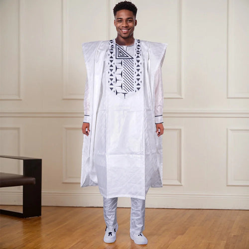 African Clothes for Men Traditional Rich Bazin Original Embroidery White Clothing Men 3 PCS Set Wedding Party Occasion 2024