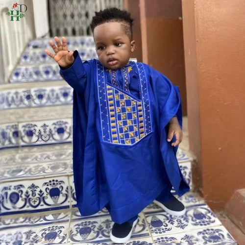 Boys White Blue Long Sleeve Tops Embroidery Dashiki Robe Shirt And Pant Set 3 PCS