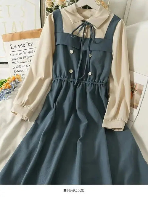 Vintage Patchwork Women's Dress High Waist A-Line Mid-Calf Spring Long-Sleeved