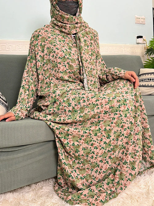 Women's Traditional Floral Ramadan Muslim Cotton Abayas Garment with attached Headscarf