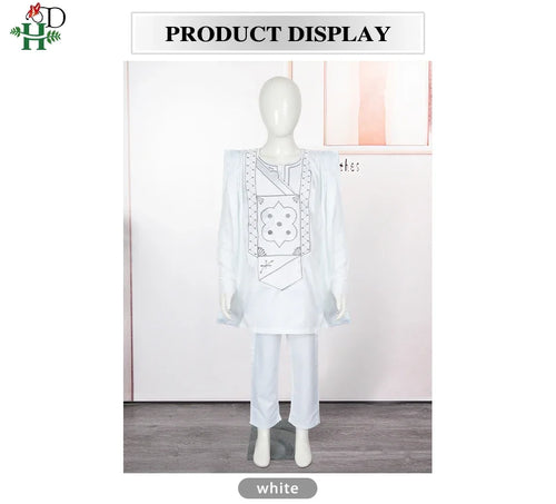 Boys White Blue Long Sleeve Tops Embroidery Dashiki Robe Shirt And Pant Set 3 PCS