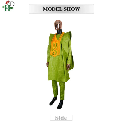 H&D African Clothing For Man Traditional Agbada Sets 3PCS Green Bazin Riche Shirt Pant Embroidery Wedding Party Suits Plus Size