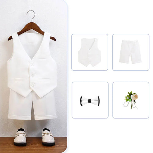Children Green White Baptism Photography Suit Kids Vest Shirt Shorts Bowtie