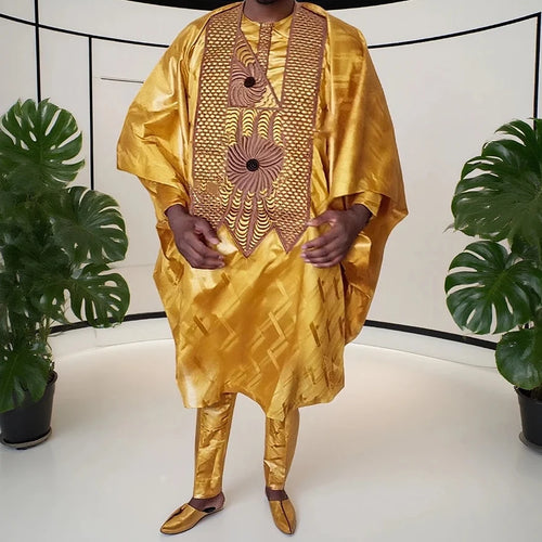 African Men Traditional Embroidery Bazin Riche Dashiki Yellow Shirt Pants 3PCS Bubu Dress Suit