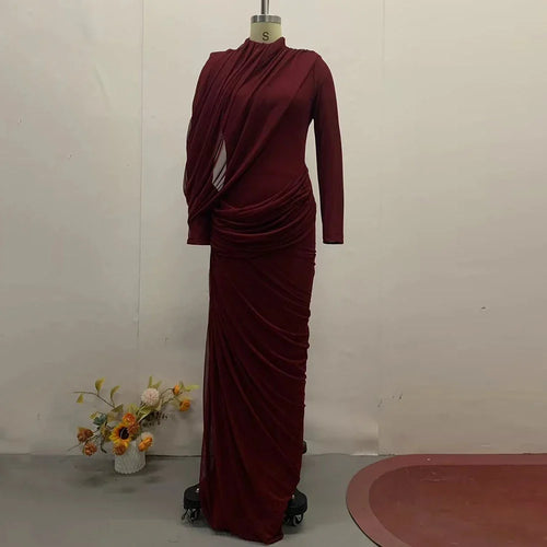 Women's Elegant Vintage Spliced Ribbon Turtleneck Long Sleeve Evening Maxi Dress
